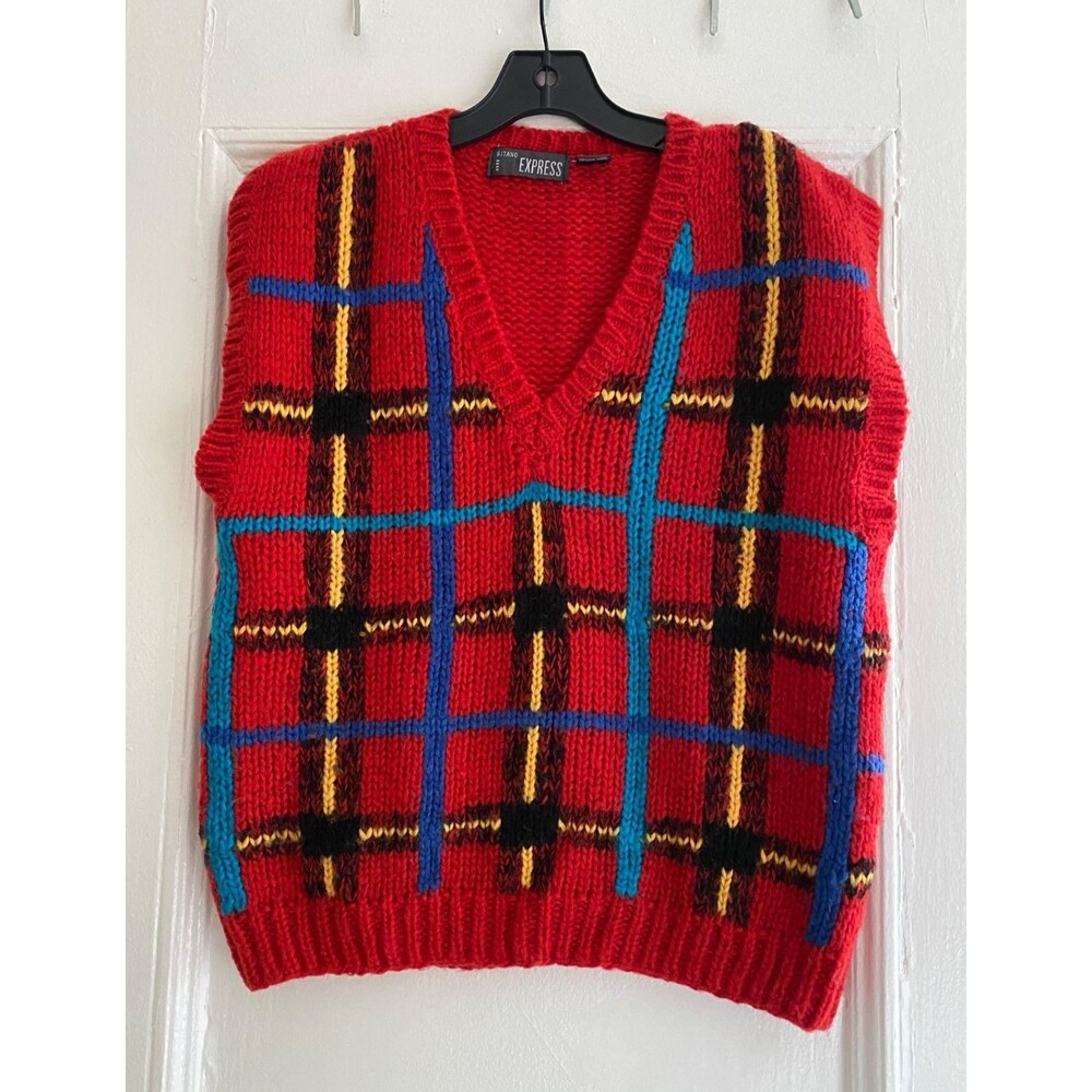 Vintage 90s Express Plaid Knit Sweater Vest Red Blue Grunge Preppy M